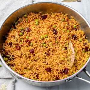 Beet pulao in a stainless steel pan