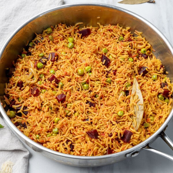 Beet pulao in a stainless steel pan