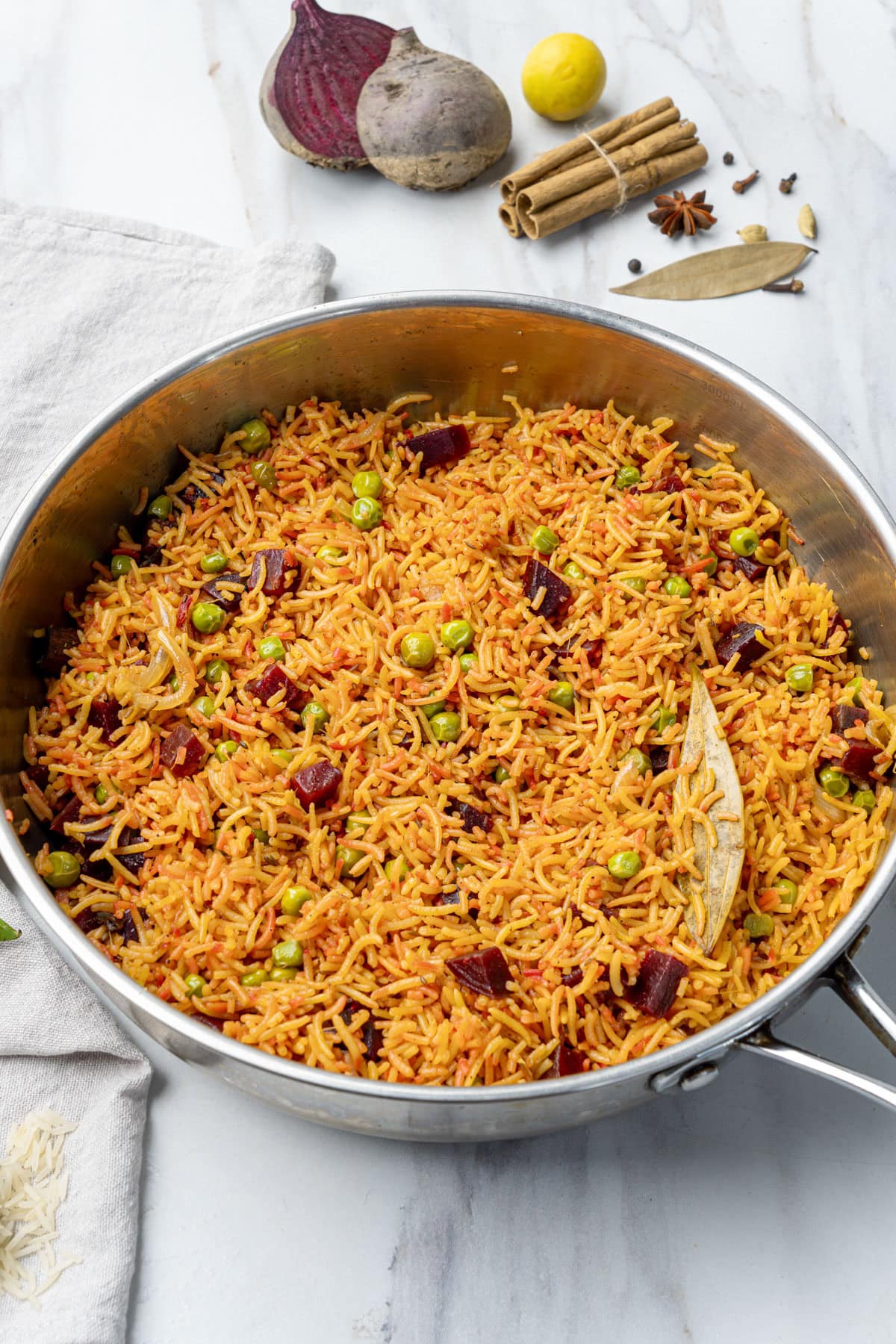 beetroot rice in a stainless pan, ready to serve