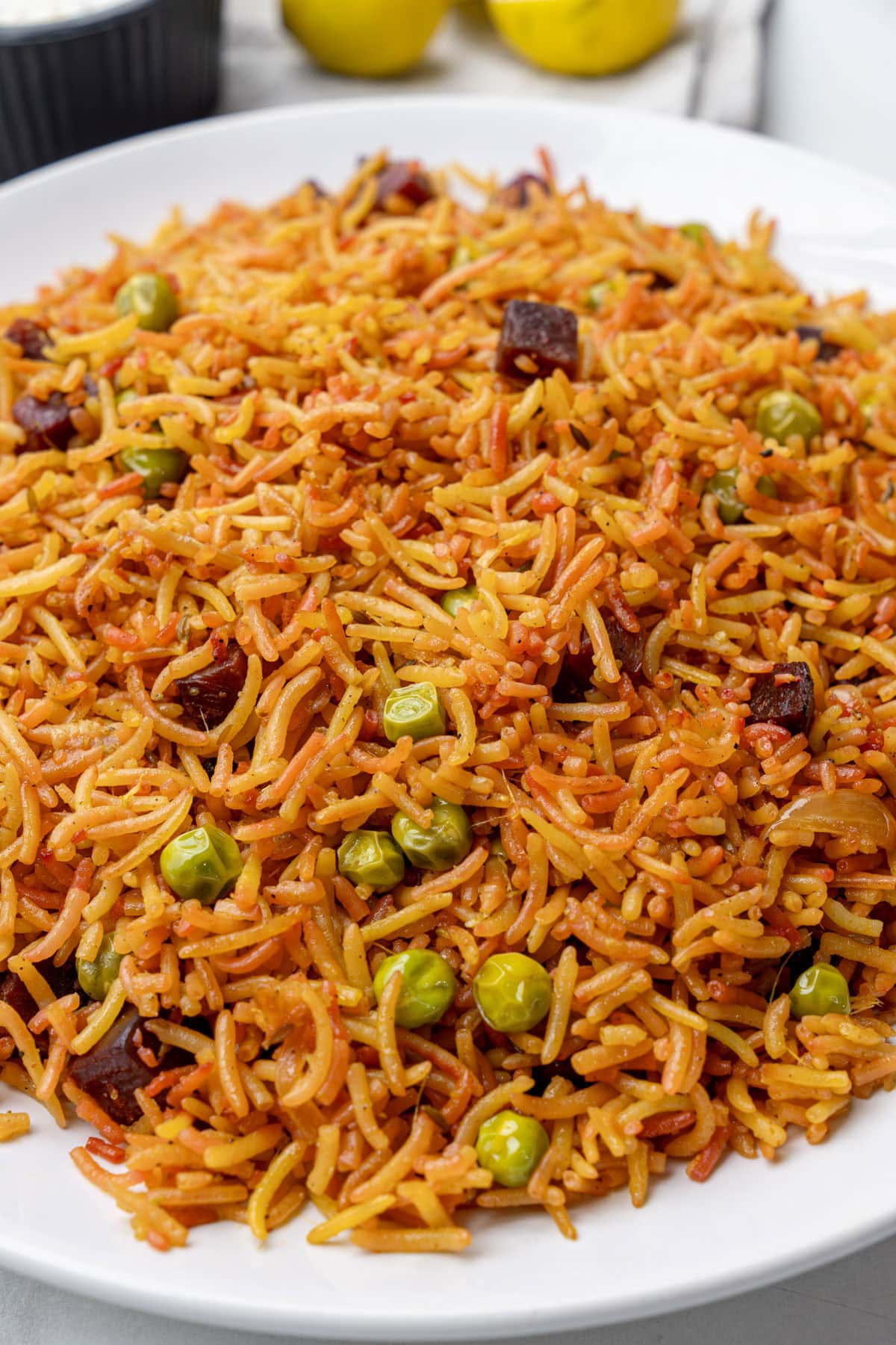Closeup shot of Indian beetroot rice on a white plate