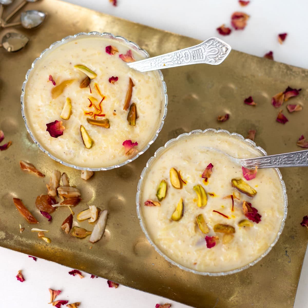 top shot of instant pot rice kheer in two bowls