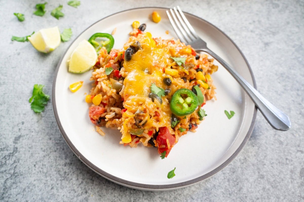 Vegetarian Mexican Casserole with Rice & Beans - Served on a plate