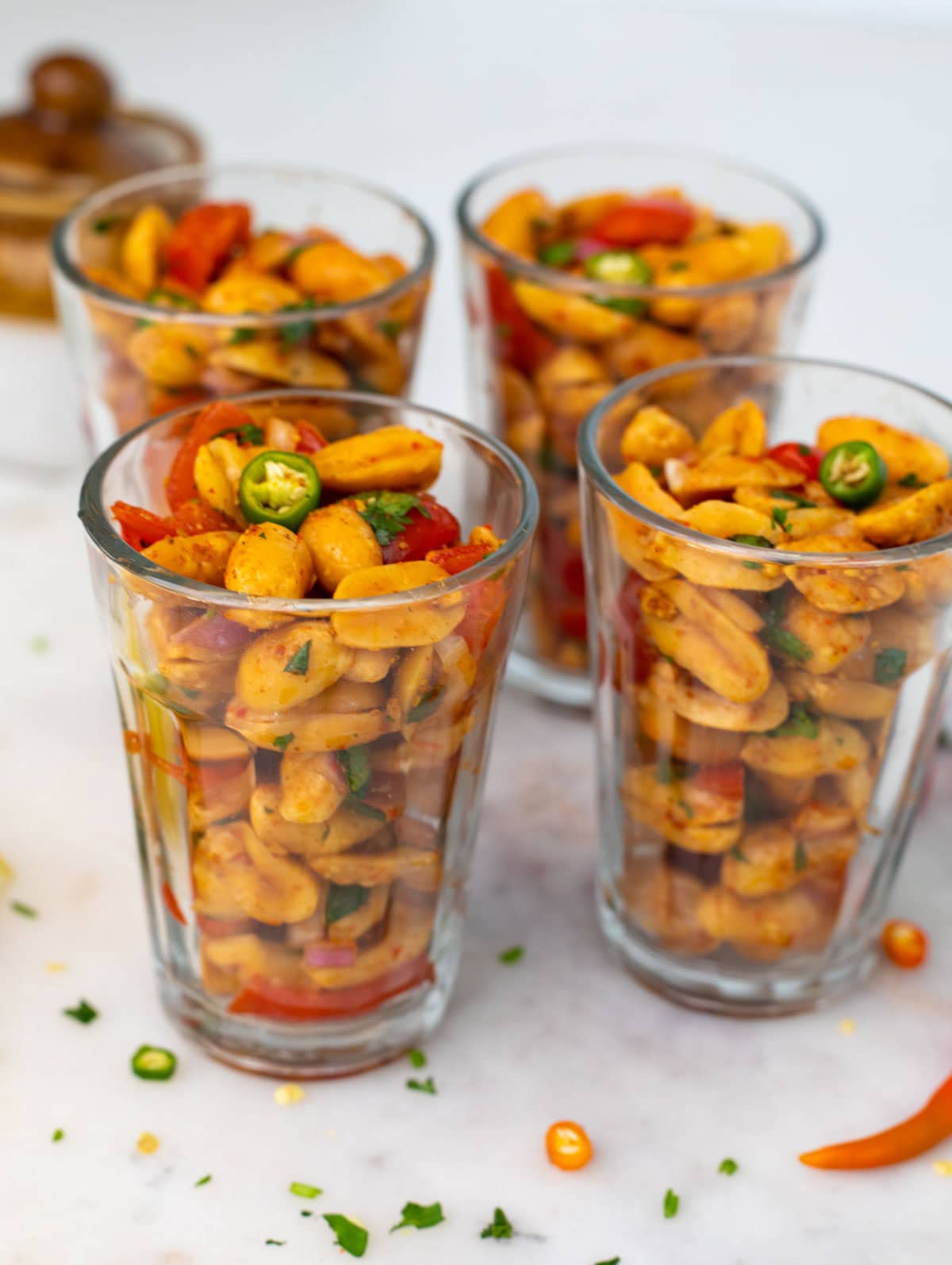 Peanut chaat in four glasses