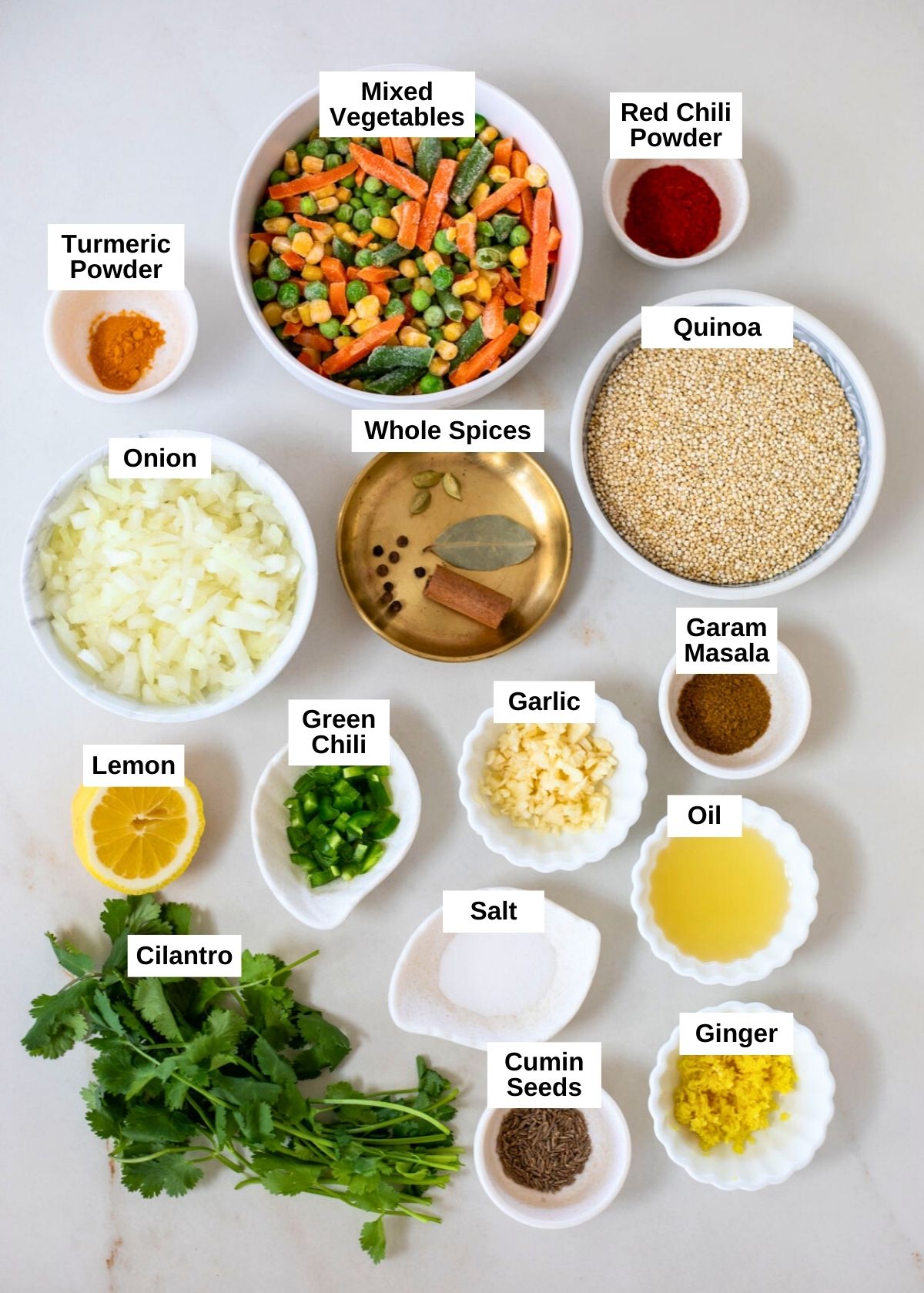 Ingredients to make quinoa pulao