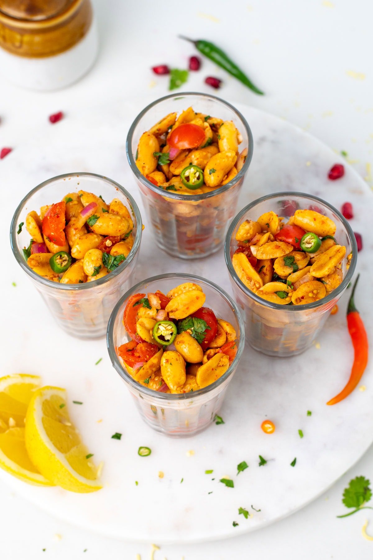 top view of peanut chaat in 4 glasses