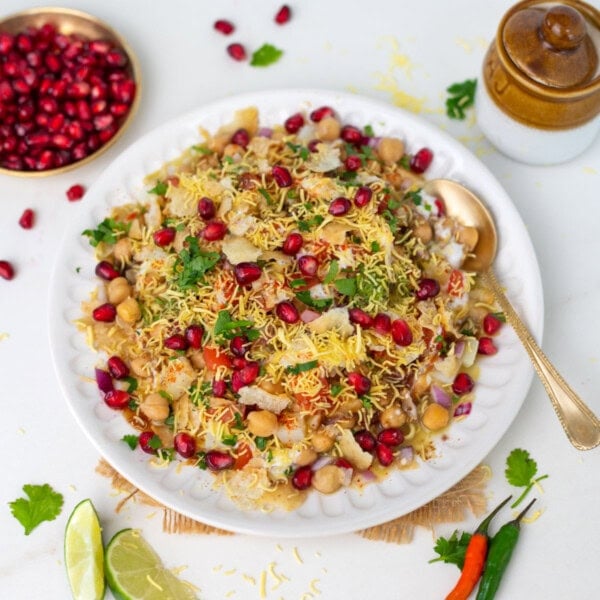 Chana Chaat served in a white plate.