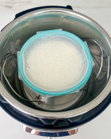 Milk and yogurt starter culture ready to set instant pot yogurt.