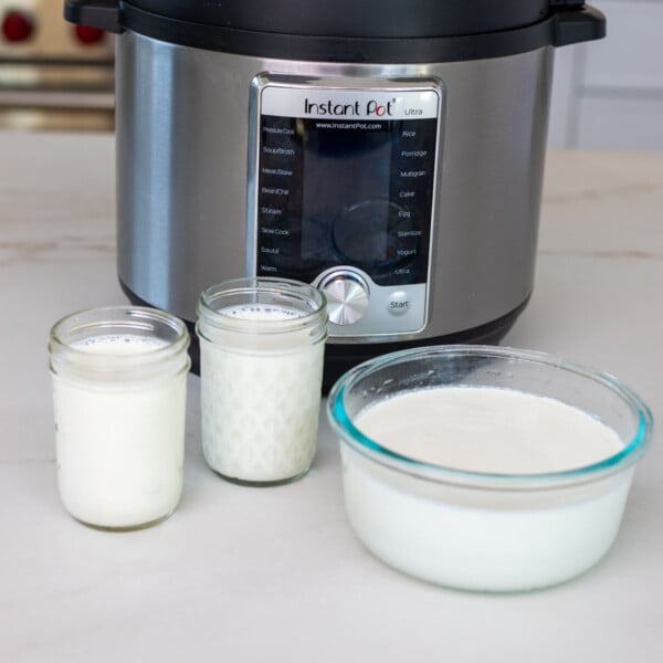 Instant pot yogurt set in a bowl and jars.