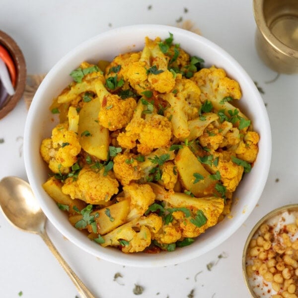 Instant pot aloo gobi served in a white bowl