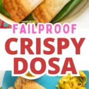 Crispy dosa on a brass plate with banana leaf