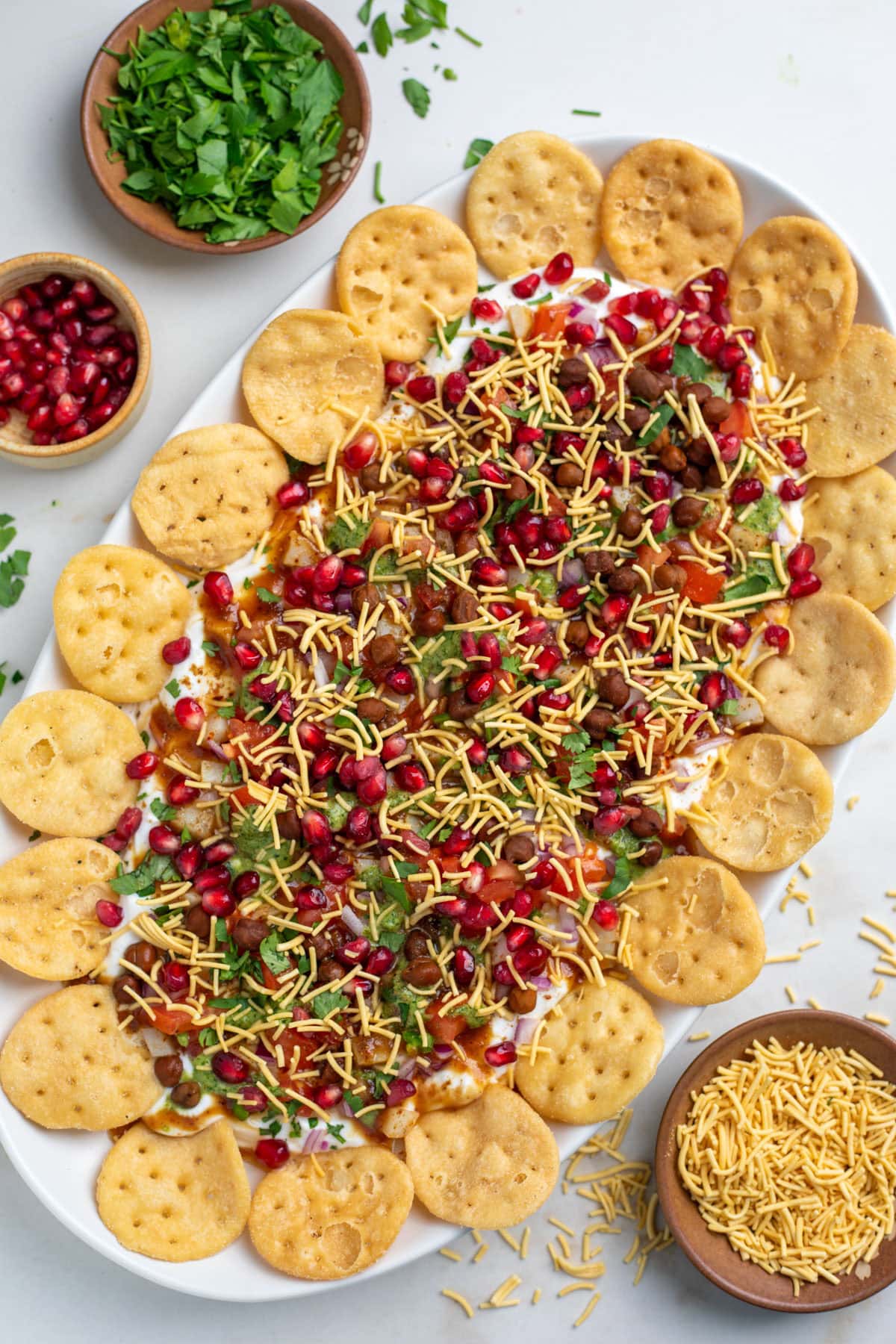 Top view of papdi chaat platter