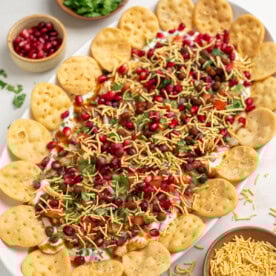 Homemade chaat platter with sev on side