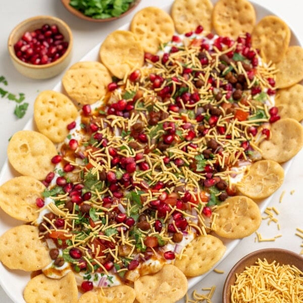 Homemade chaat platter with sev on side