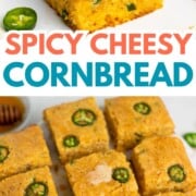 Sliced jalapeno cheddar cornbread on a white plate