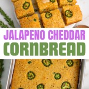 Sliced jalapeno cheddar cornbread on a white plate