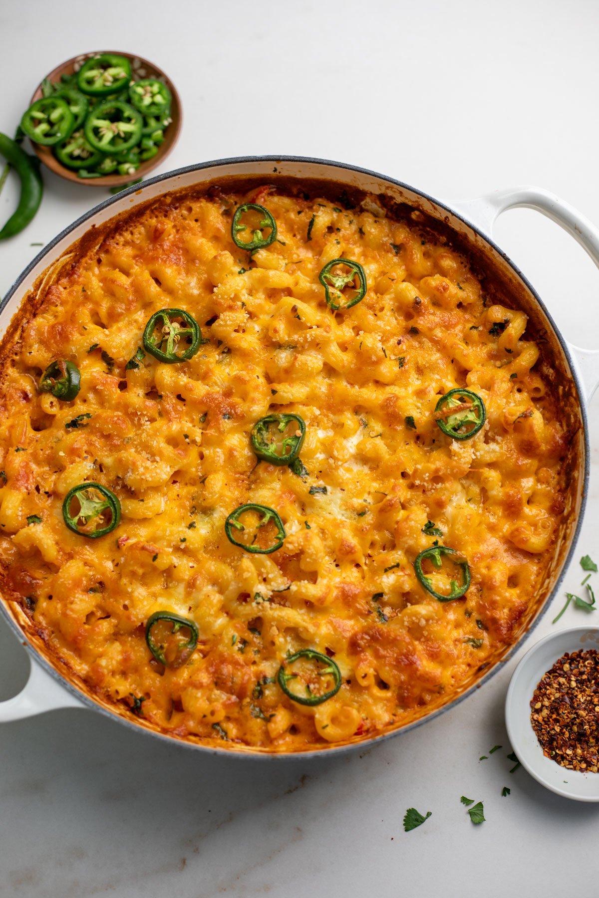 Top view of baked spicy mac and cheese in a pan