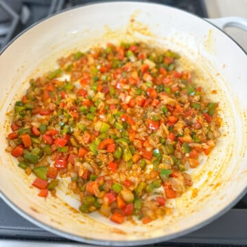 Saute onion and bell pepper for masala mac and cheese