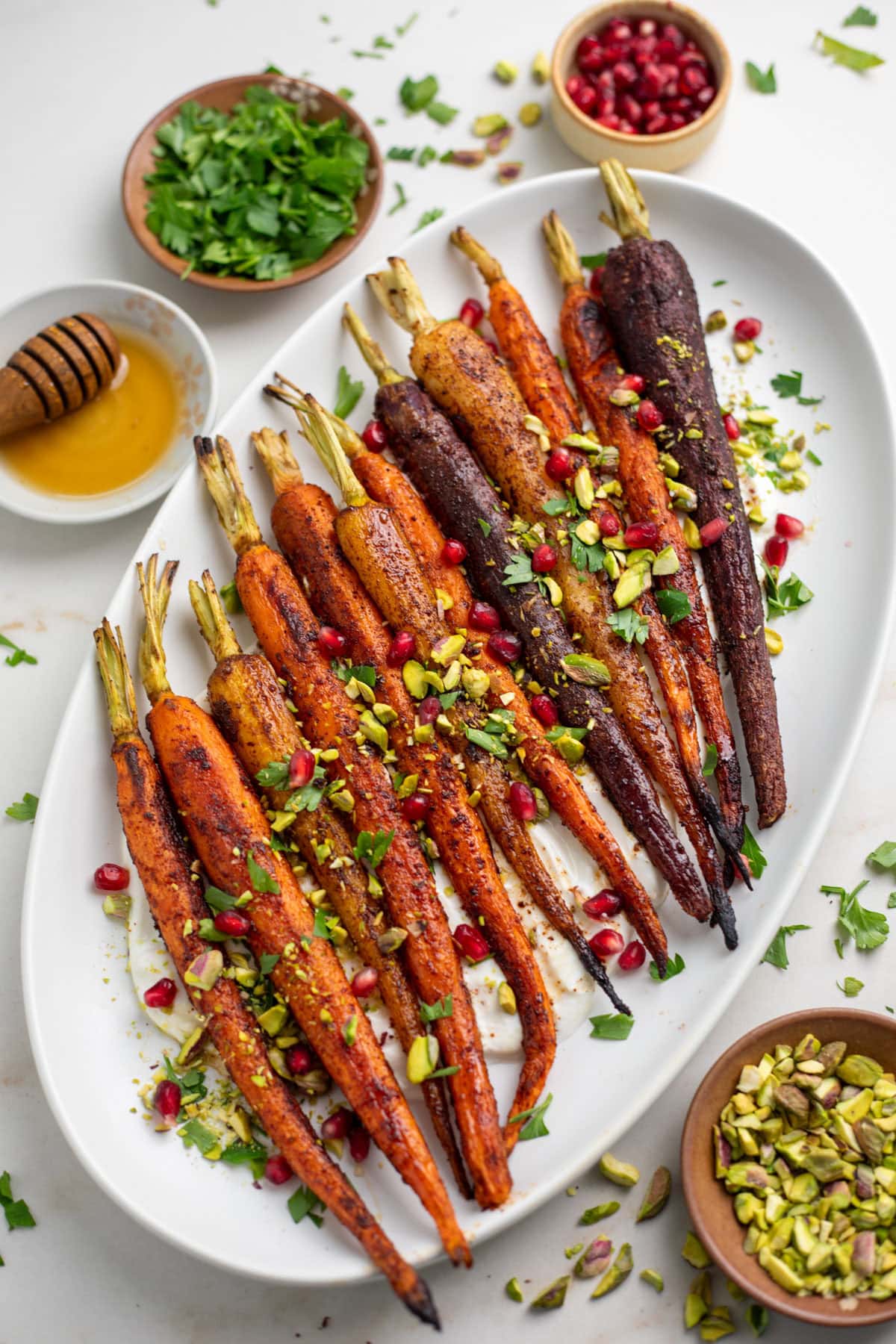 Colorful raoinbow roasted carrot on a platter