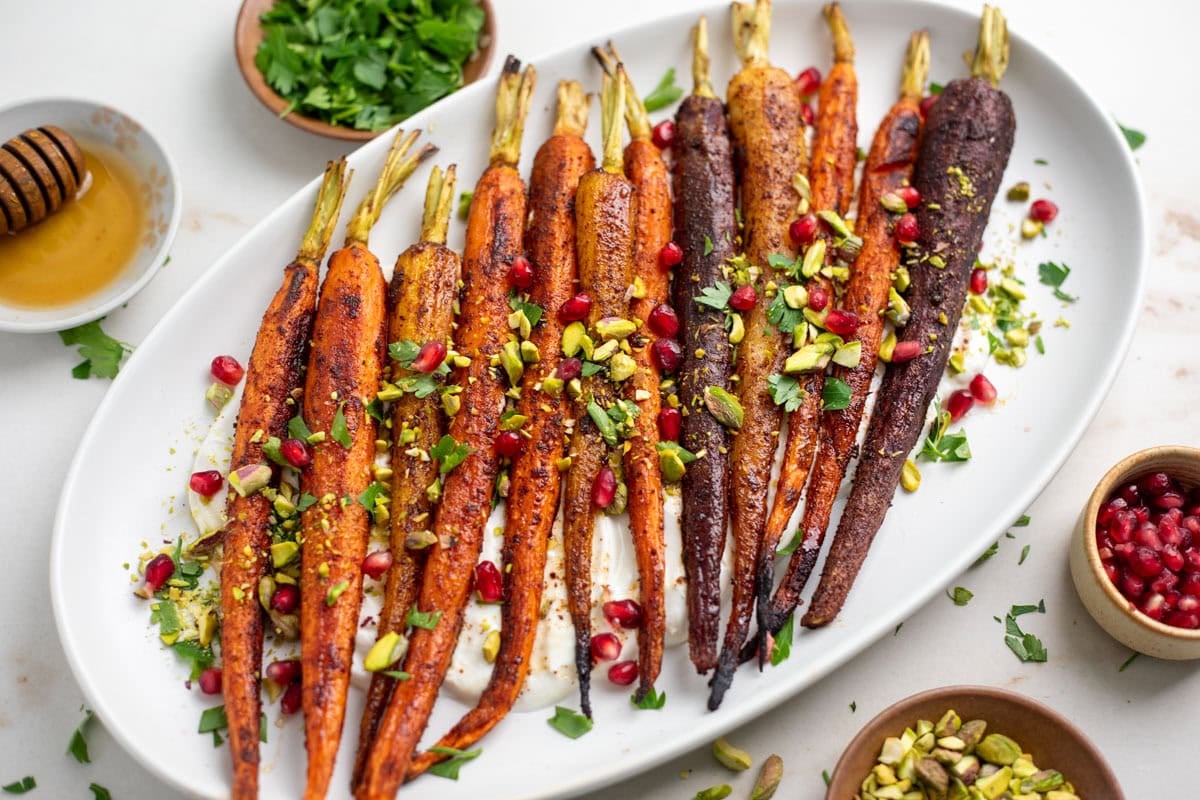 A platter of rainbow roasted carrot