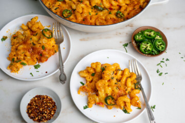 Ready to serve mac and cheese in a saucer