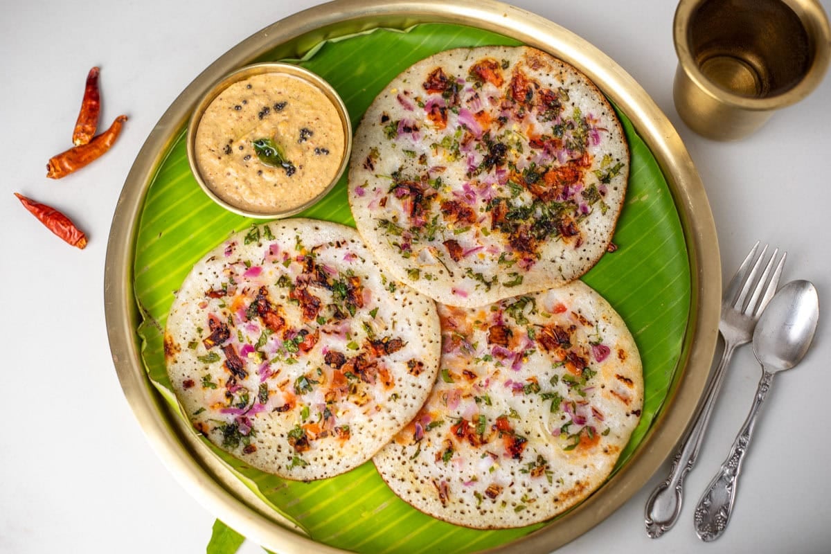 Onion Tomato Uttapam served with chutney
