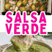 Dipping chip on a bowl of salsa verde