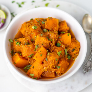 Pumpkin curry cooked in an Instant Pot served in a bowl