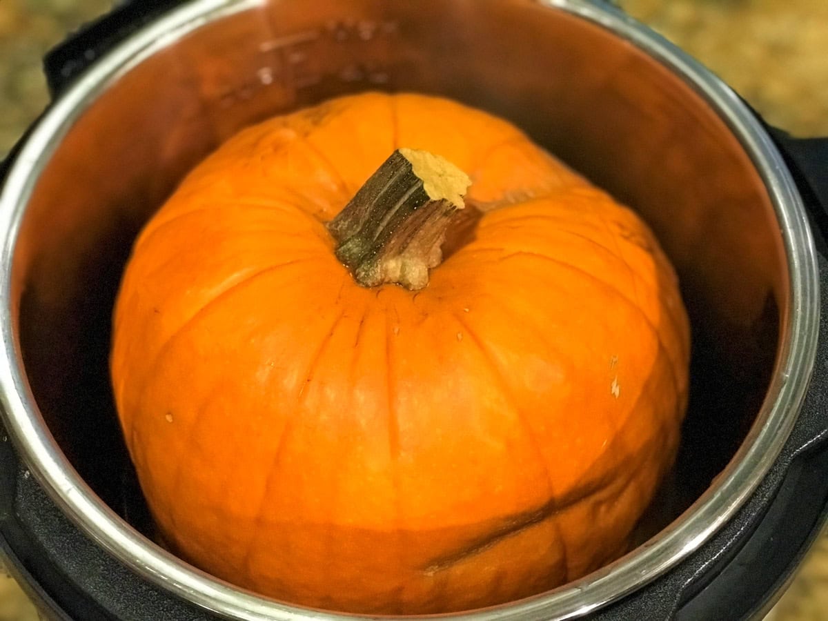 A pumpkin placed in an Instant Pot to be cooked.