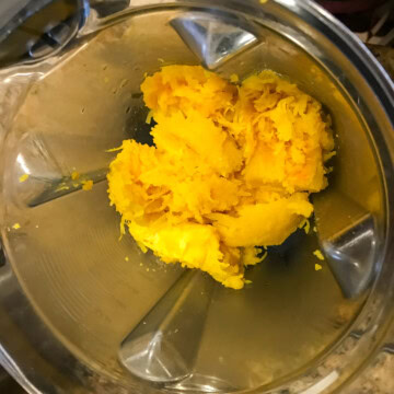 Cooked pumpkin ready to be blended to a puree in a vitamix.